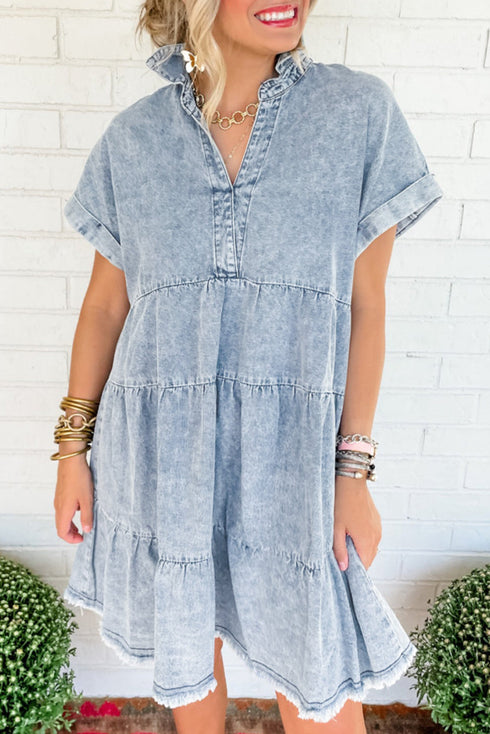 Blue Acid Wash V Neck Tiered Denim Dress